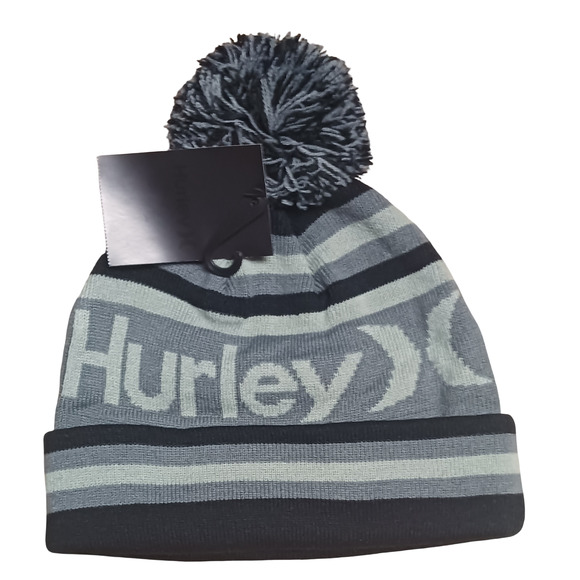 Hurley Ragland Black Gray Pom Beanie Knit Winter Hat Cuffed Acrylic One Size New - Picture 11 of 14